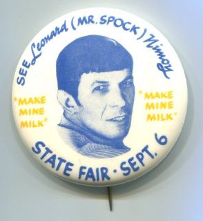 Vtg 1967 Star Trek Mr Spock Leonard Nimoy CA State Fair Pin TOS Make