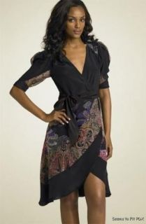 Nanette Lepore Opulent Black Silk Chiffon Printed Wrap Dress Sz 8