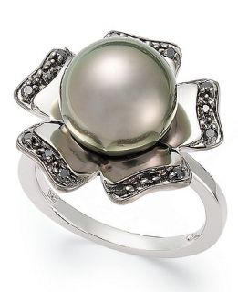 Cultured Tahitian Pearl (11 13mm) and Black Diamond Accent Flower Ring