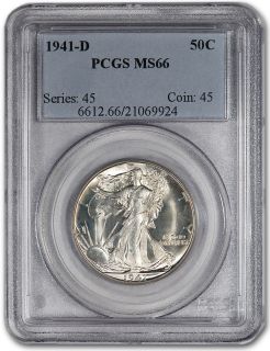 1941 D US Walking Liberty Silver Half Dollar 50c PCGS MS66