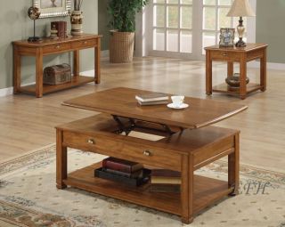 New 2pc Casual Lift Top Brown Wood Coffee End Table Set