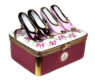 Authentic Limoges Box 2 Pair of Shoes in Floral Display Case