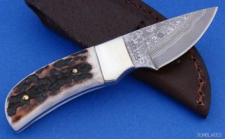 Linder Knife Stag Damascus Hunter Skinner Fixed Blade