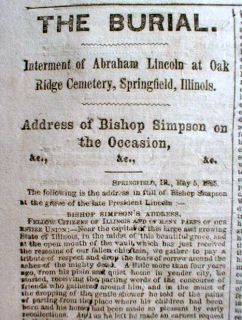 War newspaper ABRAHAM LINCOLN funeral & burial @ SPRINGFIELD Illinois