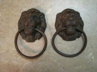 ANTIQUE Brass or Bronze? LIONS HEAD DRAWER PULLS Cabinet Door VTG SET