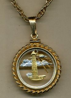 Gold Silver Cut Barbados 5 Cent Lighthouse Necklace in Gold Filled