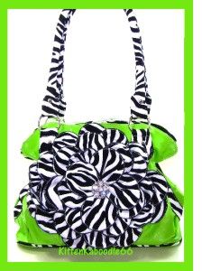 Lime Green Zebra Animal 3D Flower Kiss Lock Shoulder Bag Purse Handbag