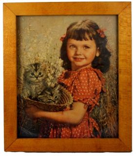 Vintage Birch Framed Print Girl w Kittens 8 ½ by 10