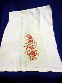 Vintage Linen Tea Towel Red Embroidered Flowers
