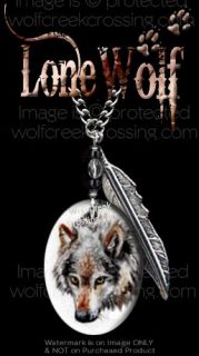 LONE WOLF NECKLACE   24 CHAIN WESTERN ART SPIRIT FEATHER WOLVES GIFT