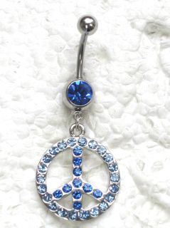 Blue Rhinestone Crystal Peace Sign Navel Belly Button Ring Q16