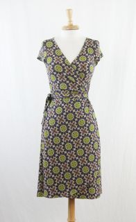 London Times Tan Purple Green Floral Stretch Wrap Dress Size 4 DT926SB