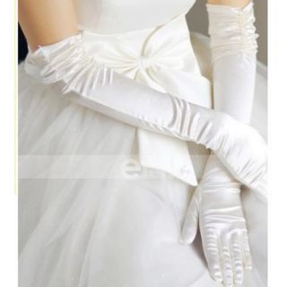 White Elegant Satin Long Wedding Pearl Bridal Gloves