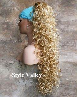 Extra Long Blonde Mix Ponytail Hairpiece Extension Clip in Curly Hair