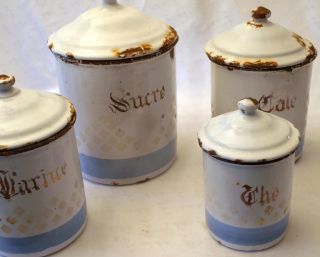 French Antique Enameled Graniteware Metal Canisters