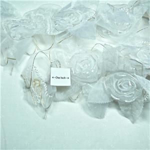 Luscious White Fabric Trim With 2 Organza Roses; 4 Wide Counting