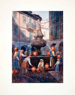 1906 Color Print Spain Lugo Fuente Fountain San Vincente Galicia Vase