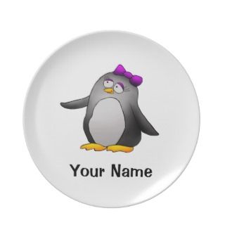 Personalized Plate, Cute Penguin Cartoon
