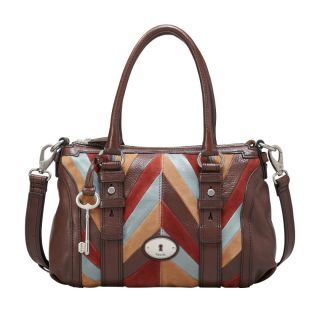 Fossil MADDOX Satchel Chevron Patchwork Leather & Suede Multi Color