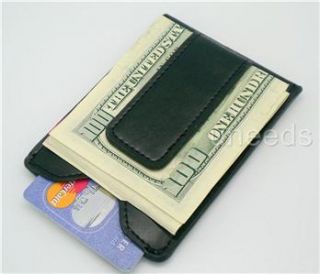 Black Leather Magnetic Money Clip ID Wallet Card Holder