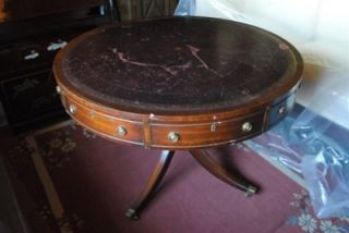 Super Rare Mahogany Wood Drum, Center Table, Leather Top. Circa 1920
