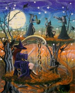 Folk Art Halloween Witches Playing Instruments Musical Harp Full Moon