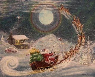 Folk Art Santa Flying Sleigh Reindeer Moon Cabin Snow Up Away Print