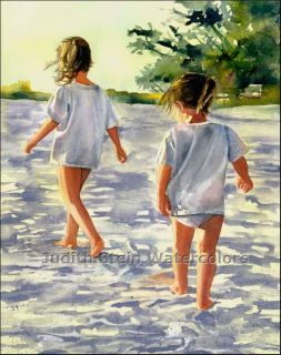 Beach Girls Seashore Hike Children 8 x10 Giclee Watercolor Signed