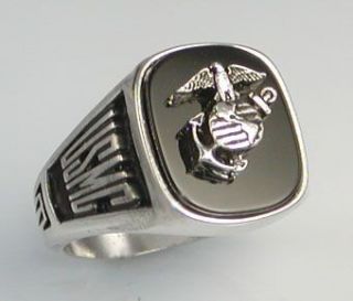 US Marine Corps Onyx Signet Ring Rhodium Finish