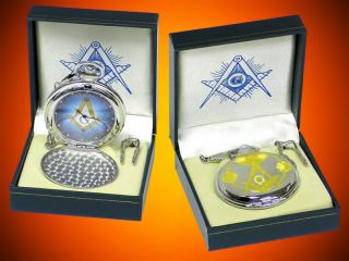 Round Blue Masonic Lodge Mason Pocket Watch with Chain