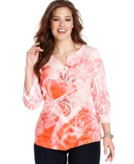 Style&co. Plus Size Top, Three Quarter Sleeve Printed Henley   Plus
