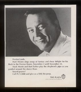 1966 Matt Monro Photo The Plaza Hotel NYC Print Ad