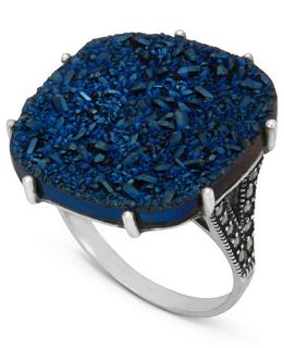 Genevieve & Grace Sterling Silver Ring, Blue Druzy and Marcasite