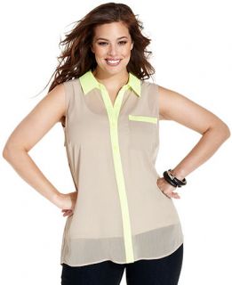 Style&co. Plus Size Top, Sleeveless Neon Trim Sheer Shirt   Plus Sizes
