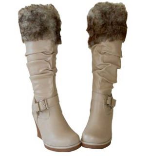 Stylish Fur Cuff Slouchy PU Buckle Knee Hi Wedge Boots