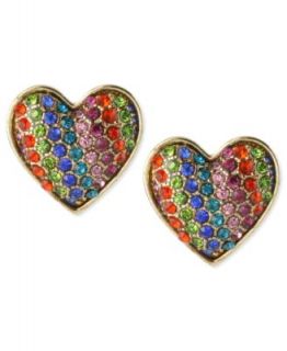 Betsey Johnson Earrings, Gold Tone Glass Crystal Rainbow Heart Stud