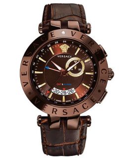 Versace Watch, Unisex Swiss V Race GMT Brown Calfskin Leather Strap