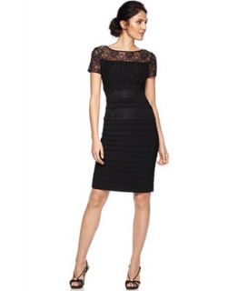 Adrianna Papell Petite Dress, Short Sleeve Lace Pleated