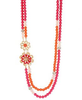 Haskell Necklace, Gold Tone Fuchsia and Orange Flower Two Row Long