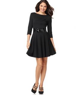 NY Collection Petite Dress, Three Quarter Sleeve Belted A Line