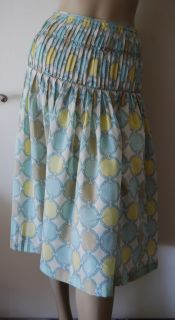 David Meister Size 14 Aqua Blue Yellow Silk Cotton Skirt Circle Print