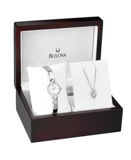 Bulova Watch and Necklace Box Set, Womens White Gold Plated Bracelet