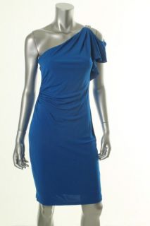 David Meister New Blue Embellished Ruched One Shoulder Cocktail Dress
