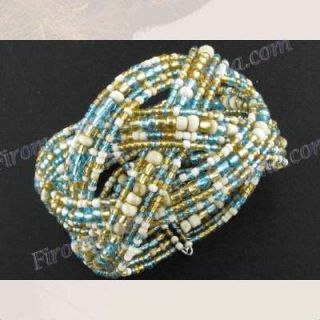 Gold Aqua Blue Beads Braided Memory Wire Cuff Bracelet