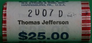 2007 D BU Thomas Jefferson Presidential Dollar 25 Coin Roll 3rd String