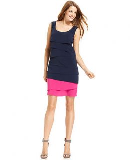 Calvin Klein Dress, Sleeveless Colorblock Tiered Shift   Womens