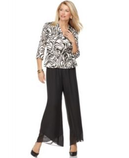 Alex Evenings Outfit, Three Quarter Sleeve Printed Wrap Blouse & Tulip