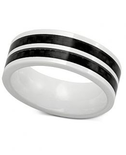 Mens White Ceramic and Black Carbon Fiber Ring, Two Tone Band Ring