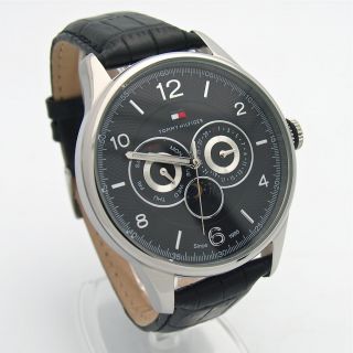 Hilfiger Mens Big MultiFunction Black Leather Strap Watch # 1710255