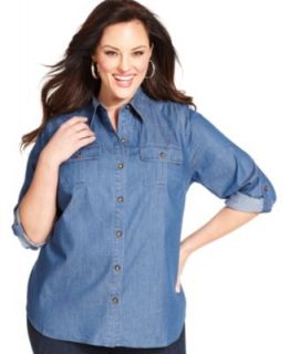 Jessica Simpson Plus Size Top, Long Sleeve Denim Shirt   Plus Size